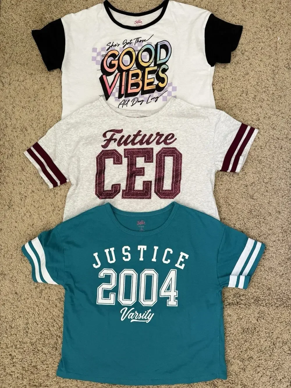 Lot Of 3 Justice Glitter Future CEO Good Vibes Boxy T Shirt Tops Size L 12/14
